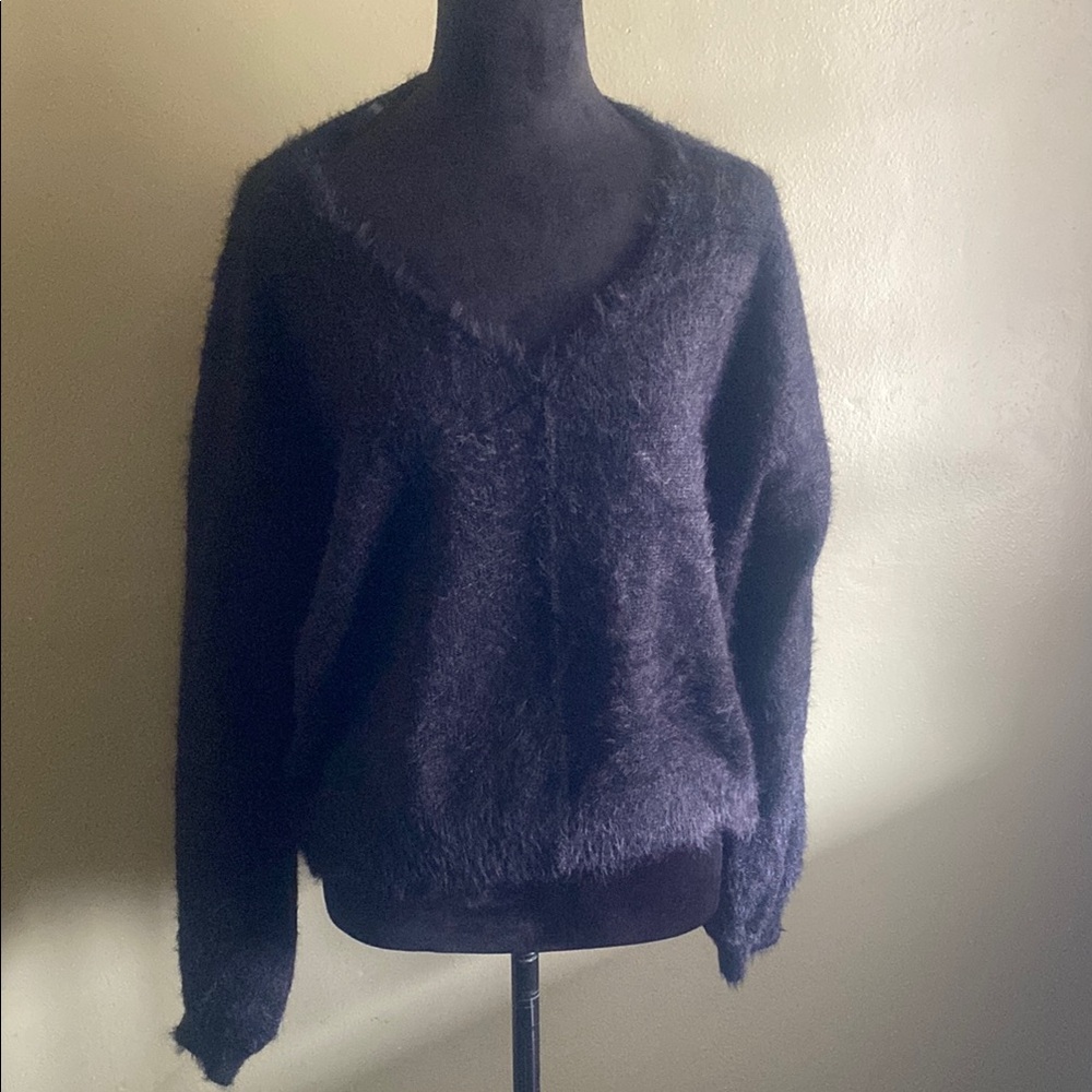 Black fuzzy v neck sweater, size L. NWT